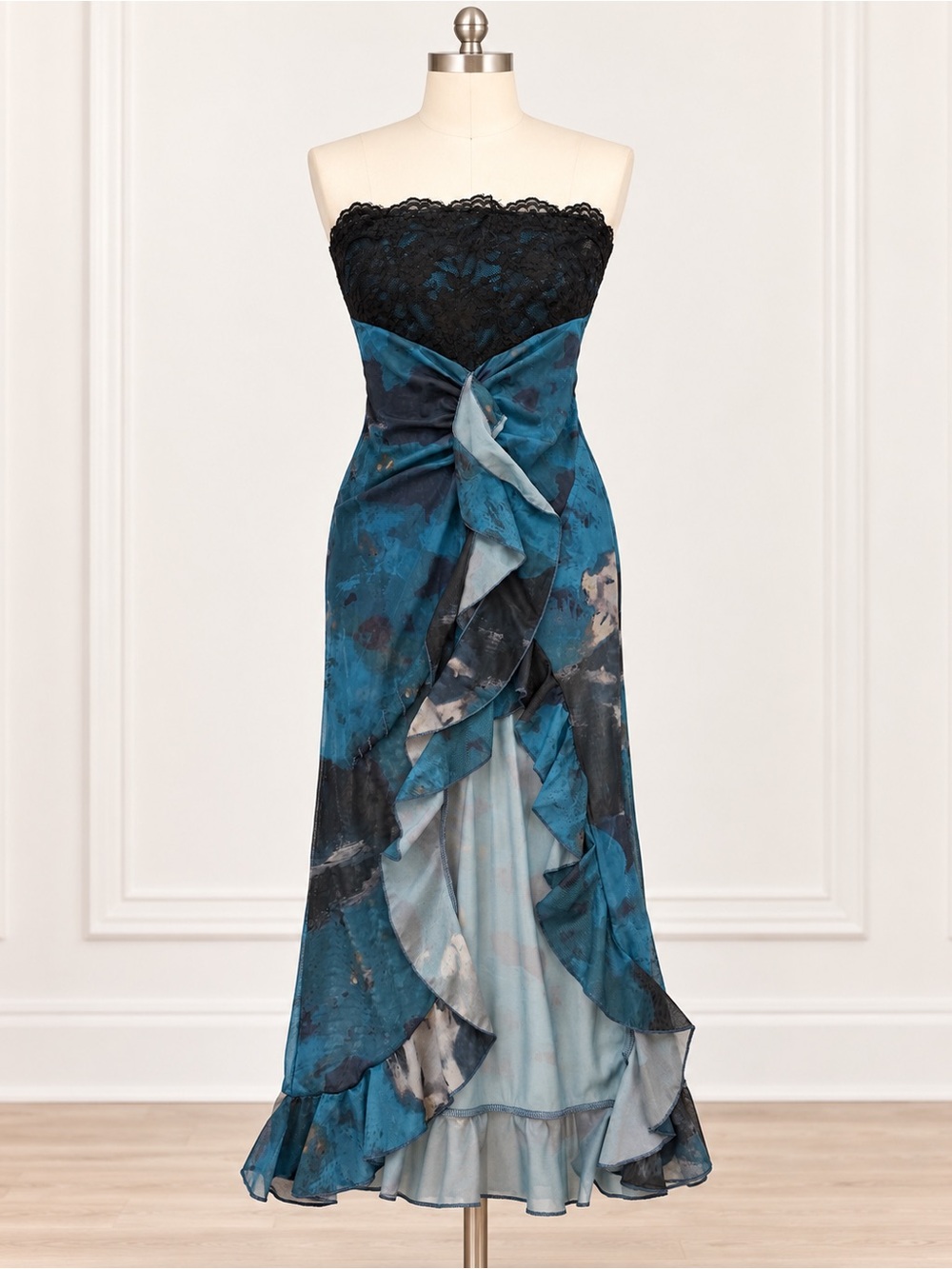 SHEIN Black Lace Bodice Teal Blue Print Strapless Maxi Dress